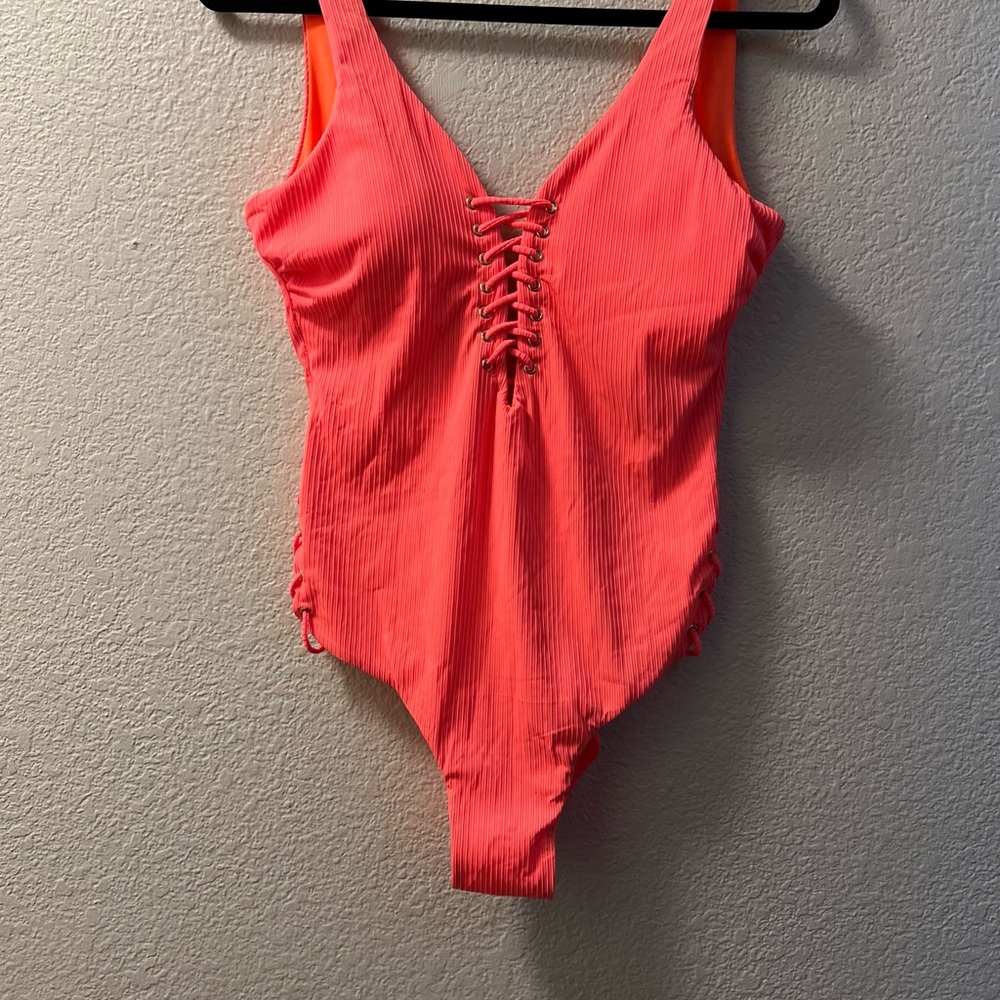 Coral Lace-Up One-Piece Swimsuit